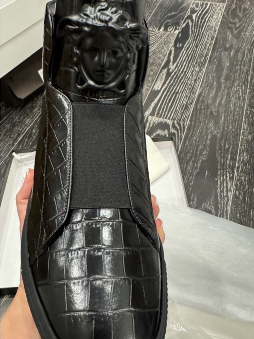Versace Black Croc-Embossed Slip-On Loafer with Medusa Detail